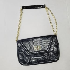 Steve Madden Shoulder Bag Black Gold Snake Embossed Patent Leather Hardware
